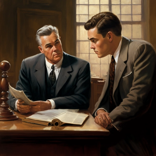Oil painting of attorneys at a desk having a conversation
