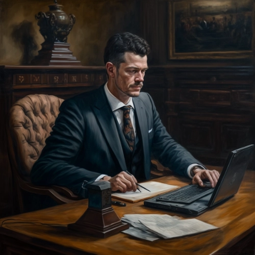 Oil painting of an attorney working at his desk on a laptop