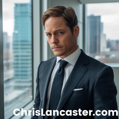 Male attorney facing the camera in his office with glass windows and city background